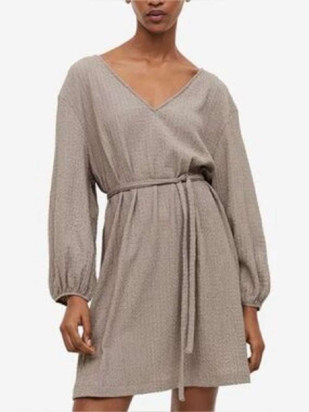 H&M Taupe V-Neck Belted Long-Sleeve Dress